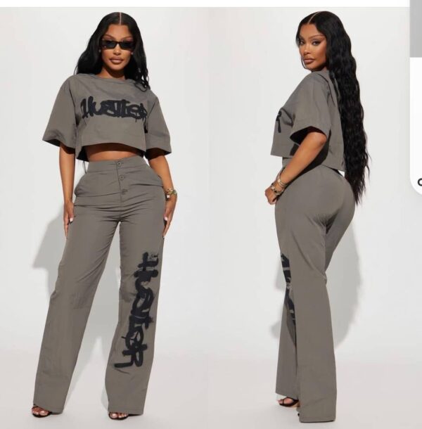 Khaki "HUSTLER" Two-Piece Set with High-Waist Pants