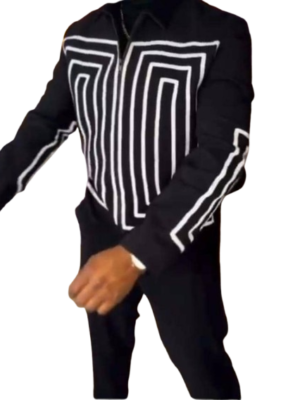Geometric Black Zip-Up Jacket with Bold White Pattern Detailing